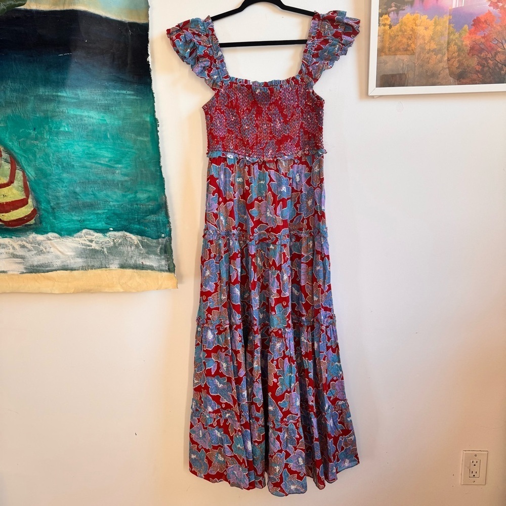 Anthropologie Love the Lable Bouquet Smocked Maxi Dress Size Large Blue Red - Picture 3 of 8